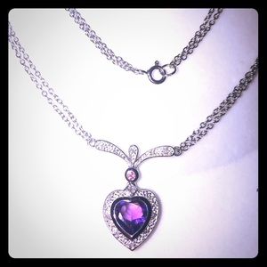 10K solid white gold w/heart shaped bezel set Amethyst gem stone & diamonds.